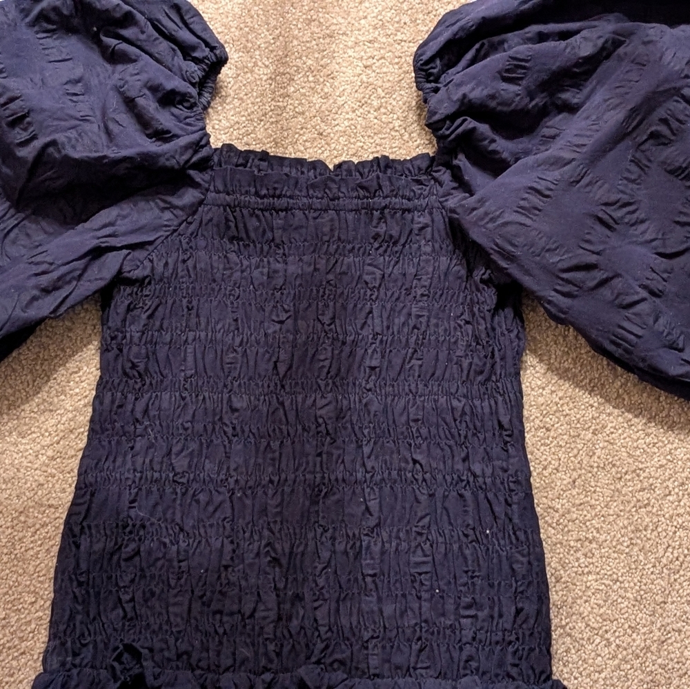 Anthropologie Navy Smocked Blouse with Puff Sleeves